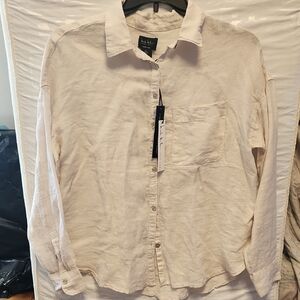 NWT, Nicole Miller Linen  Beige Casual Button Down Shirt Size S Oversized.